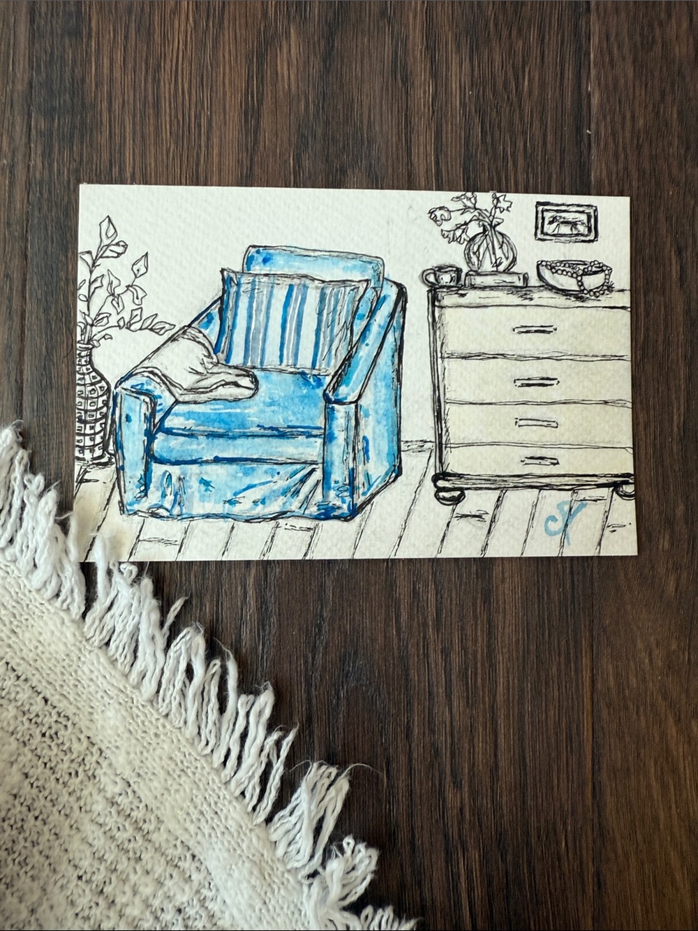 Original Framed Mixed-Media - Big Blue Chair/home/still-life/art